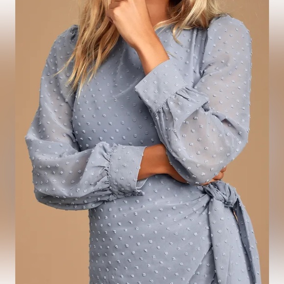 Lulus Much Love Light Blue Swiss Dot Long Sleeve Tie-Front Mini Dress Size M - Picture 4 of 9